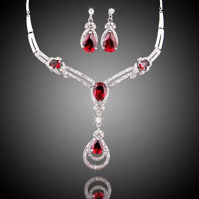 HOT Sale RED Garnet Ruby Topaz 18k Yellow/white Gold Plated Crystal Water Drop Necklace Earring Jewelry Set