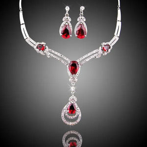 HOT Sale RED Garnet Ruby Topaz 18k Yellow/white Gold Plated Crystal Water Drop Necklace Earring Jewelry Set