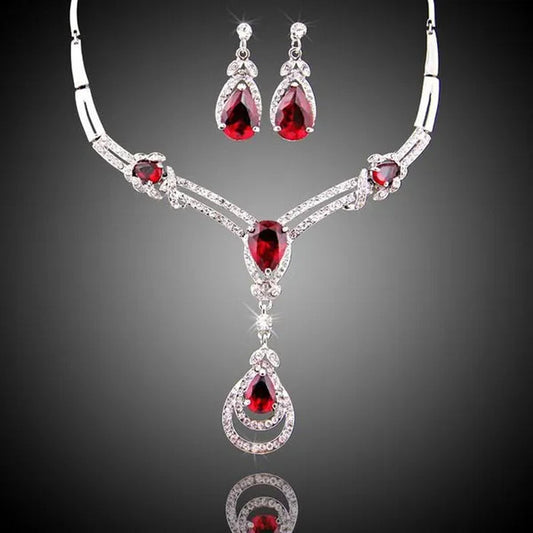 HOT Sale RED Garnet Ruby Topaz 18k Yellow/white Gold Plated Crystal Water Drop Necklace Earring Jewelry Set