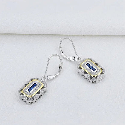 Retro 925 Sterling Silver Blue Sapphire Gemstone Newshe Drop Dangle Earrings Art Deco-style White Cubic Zirconia Leverback Earrings CZ Charm Woman Jewelry Gift