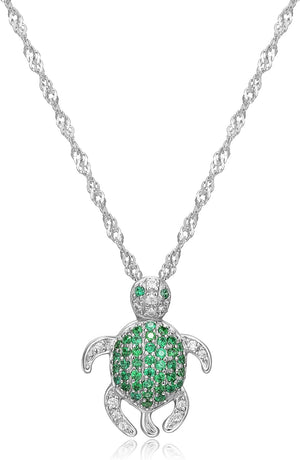 Rhodium Plated 925 Sterling Silver White and Green Cubic Zirconia Turtle Pendant Necklace, 18 Inches Cable Chain