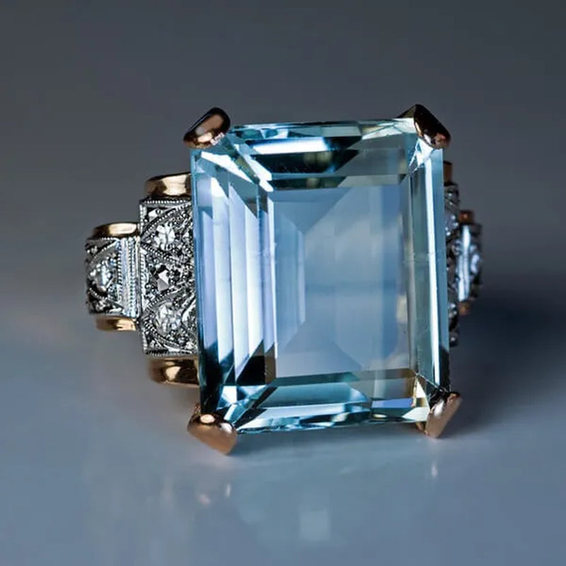 Classic Luxury Fashion Blue Gemstone Square Cut Gold Princess Elgant Lady Finger Ring Engagement Ring for Women Party Fine Jewelry Gift