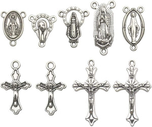 100G (60Pcs) Antique Silver Cross Jesus Maria Our Lady Miraculous Centerpiece Crucifix Medal Charms Pendants for Crafting, Jewelry Findings Making Accessory for DIY Rosary Necklace Bracelet (M154)