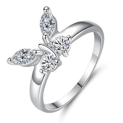 "If You Are in Full Bloom, the Butterfly Will Come" Luxury Silver Crystal Butterfly Ring Cubic Zirconia Exquisite Bridal Wedding Party Ring Fashion Jewelry (Size: 5-11)