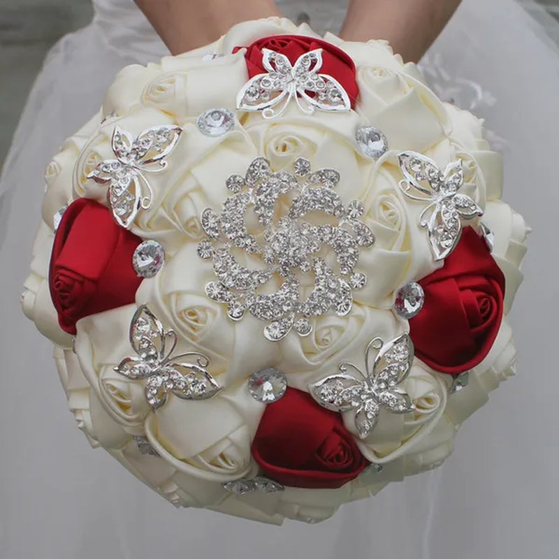 18CM White  Bride Holding Flowers Butterfly Flower Diamond Brooch Wedding Bouquet Bridal Mariage Stitch Wedding Bouquet Ribbon Bridesmaid Bouquet