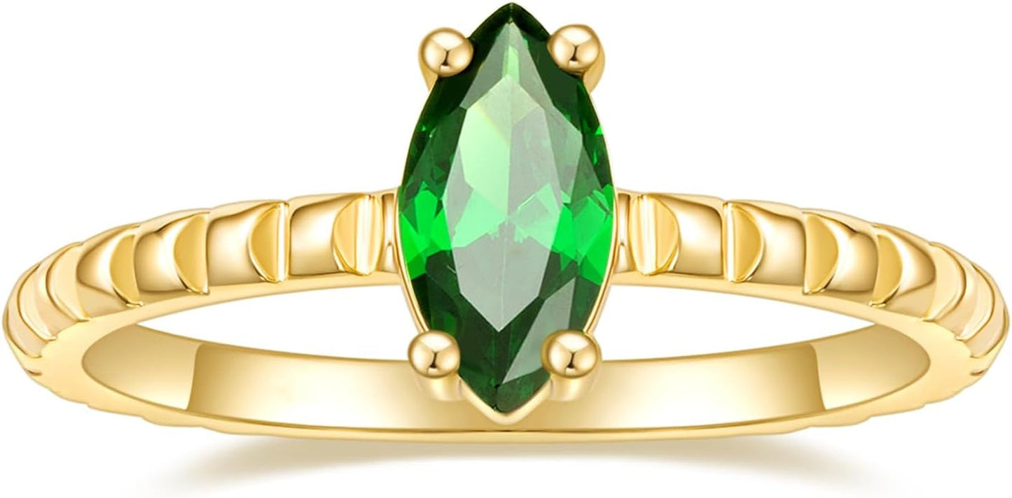 14K Gold Plated Engagement Rings for Women Created Green Emerald Solitaire Emerald Oval Marquise Cut Wedding Band Promise Ring for Her Size 5-10