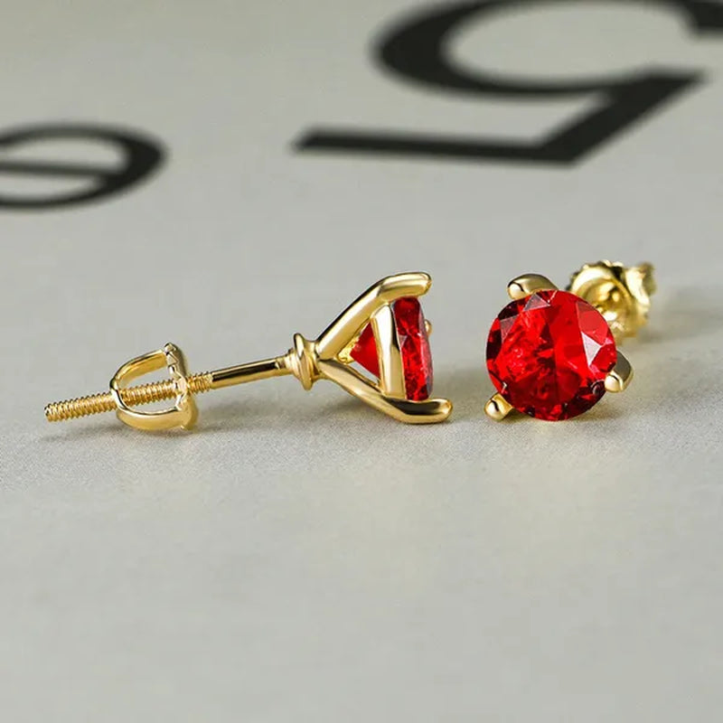 18K Gold Three-Prong Martini Round Ruby Stud Earrings Bride Wedding Engagement Jewelry Gifts 7mm/8mm