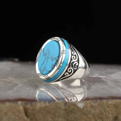 Luxury Business Men Fashion 925 Sterling Silver Ring Natural Gem Turquoise Ring Anniversary Birthday Gift European and American Gentleman Party Ring High-Grade Jewelry