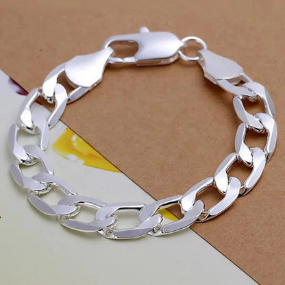 925 Sterling Silver Jewelry Set Flat Sideways Necklace Bracelet Chain for Men and Women-Fashion Wedding Engagement Jewelry-Genuine Sterling Silver