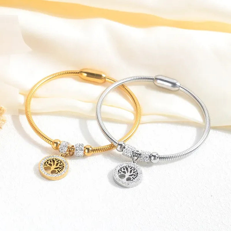 Gold Plated  Tree of Life Bangle Bracelet Women Stainless Steel Family Tree Charm Bracelets with AAA Rhinestones & Magnetic Buckle