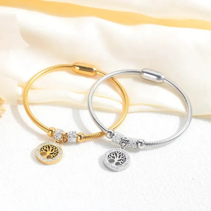 Gold Plated  Tree of Life Bangle Bracelet Women Stainless Steel Family Tree Charm Bracelets with AAA Rhinestones & Magnetic Buckle