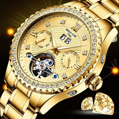 WOLF-CUB New Men Luxury Diamond Watch Full Gold Watch Tourbillon Mechanical Watch Automatic Watch Stainless Steel Waterproof Luminous Relogio Masculinos