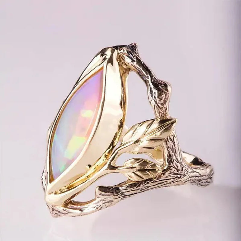 Vintage Style Women's Antique Silver Twig And Leaf Opal Ring Anniversary Gift Engagement Bridal Wedding Jewelry Rings Size 5-10