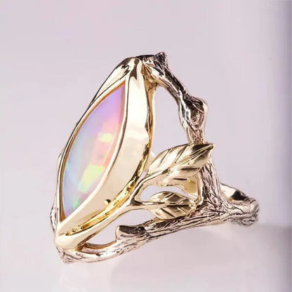 Vintage Style Women's Antique Silver Twig And Leaf Opal Ring Anniversary Gift Engagement Bridal Wedding Jewelry Rings Size 5-10