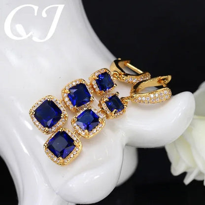 CANDICE  Luxury Yellow Gold Plated Drop Earrings Jewelry Square Red Cubic Zircon Stones Long Earring For Women