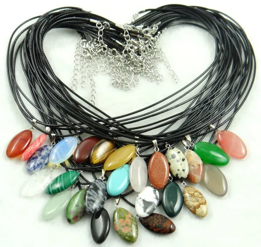Wholesale Natural Stone Crystal Quartz Opal Snowflake Obsidian Horse Eye Pendant Leather Chains Necklace Women Fashion Jewelry 20Pcs