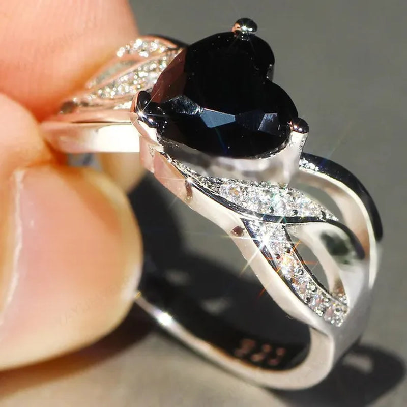 Silver Natural Gemstones Black Sapphire Heart Ring Wedding Bride Engagement Band Charm Mum Ring Jewelry Valentine's Day Gifts Christmas Gift