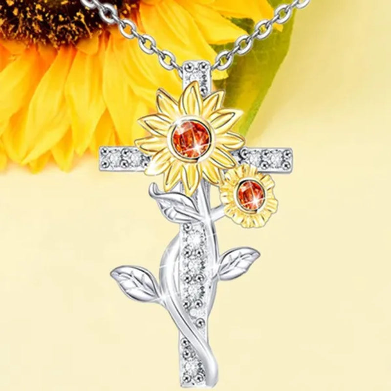 Exquisite Women'S Creative Cross Sunflower Necklace Diamond Cross Necklace Couple Jewelry Luxury Diamond Pendant Necklaces for Women Wedding Banquet Birthday Anniversary Gift