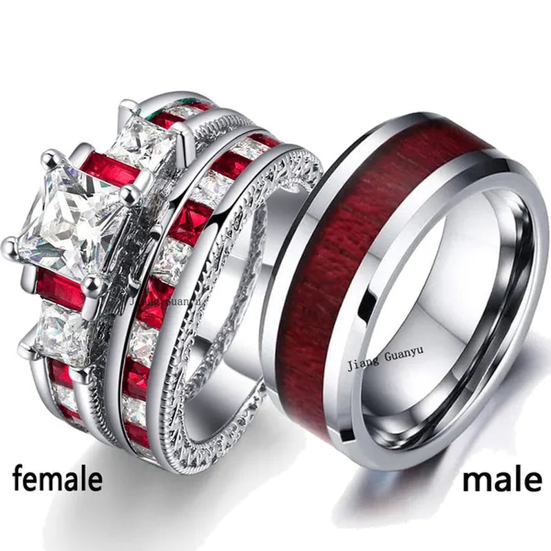 Two Rings Couple Ring His Hers Three-Stone Ring White Gold Plated Ruby CZ Womens Ring Sets Wood Tungsten Steel Men'S Ring