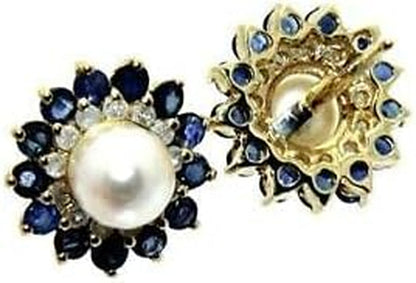 Vintage 14K Yellow Gold Plated 1.36Ct Sapphire Pearl Diamond Floral Stud Earrings