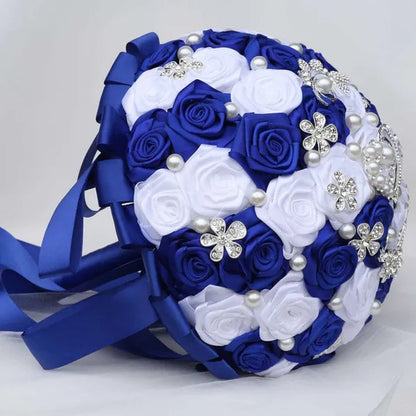 24Cm 10 Styles Can Choose Royal Blue Silver Brooch Wedding Bouquets Silk Rhinestone Artificial Rose Flowers Bridesmaid Mariage Bouquets Wedding Accessories W125