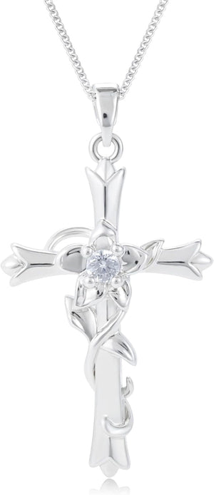 Cross Necklace for Women | Silver Faith Birthstone Cross Pendant with Birth Flower Jewelry Gifts for Teen Wife Women for Birthday Anniversary