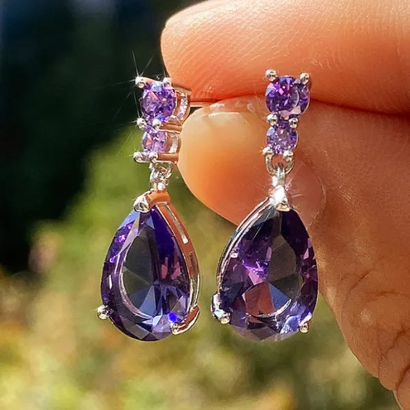 Exquisite Waterdrop Amethyst Drop Earrings for Women Engagement Wedding Jewelry Lover Birthday Gift