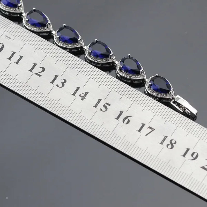 Blue Zircon With White Topaz Crystal Water Drop Shaped Silver Jewelry Sets Necklace Pendant Earring Ring Bracelet For Women