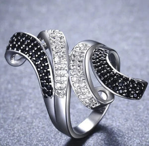Gorgeous Silver Crown Natural Gemstones White Sapphire and Black Sapphire Birthstone Bride Wedding Engagement Multilayer Rose Flower Ring Size 6 7 8 9 10