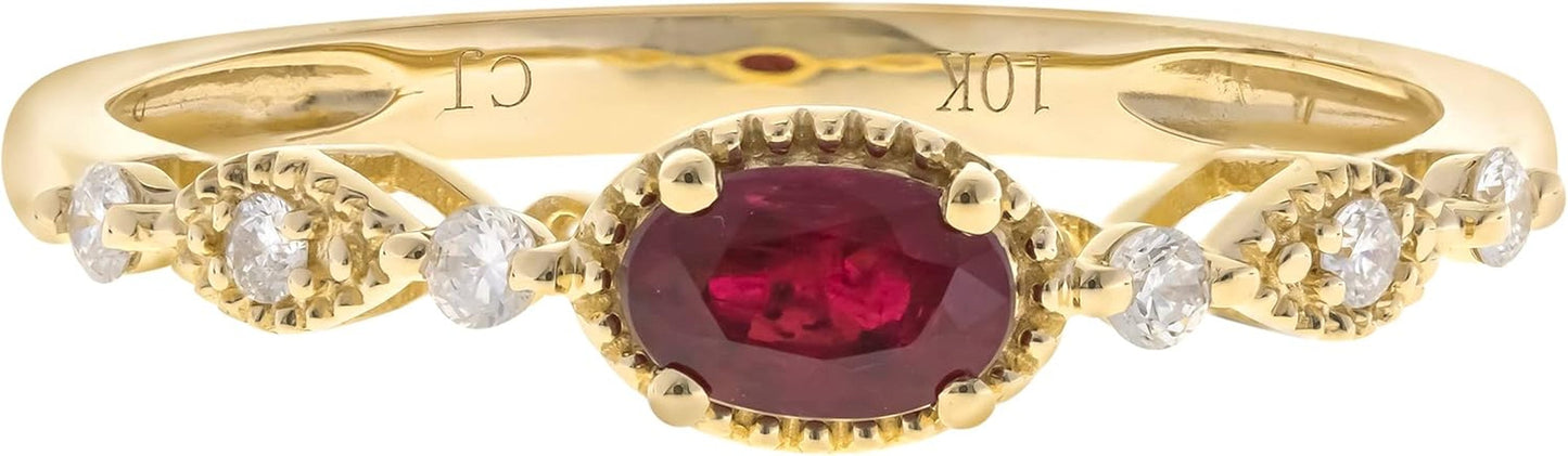 10K Yellow Gold Mozambique Genuine Ruby Ring with Diamonds for Women | Ethically, Authentically & Organically Sourced (Oval) Shaped Ruby Hand-Crafted Jewelry for Her | Ruby Ring for Women