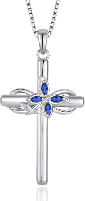 Cross Necklace for Women 925 Sterling Silver Infinity Butterfly Cross Pendant Necklace Birthstone Jewelry Gifts for Her
