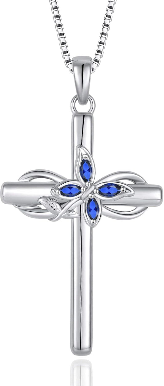 Cross Necklace for Women 925 Sterling Silver Infinity Butterfly Cross Pendant Necklace Birthstone Jewelry Gifts for Her