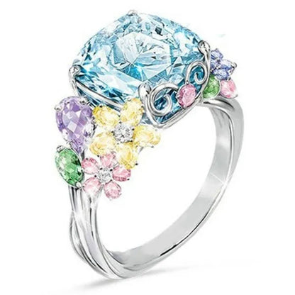 Unique Flower  Silver Multicolor Gemstone Aquamarine Square Princess Ring Woman Engagement Ring Anniversary Statement Natural Gemstones Pink Sapphire Ring