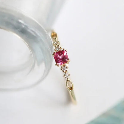 Women Dainty 18K Gold Plated Plated Quadrate Red Rubine Gemstone Diamond Rings Wedding Engagement Courtship Ring Jewelry