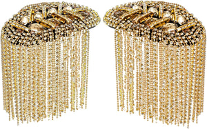 2 Pack Tassel Shoulder Epaulette, Punk Metal Cosplay Ringmaster Shoulder Pads Epaulet with Pins, Gold Rhinestone Beaded Diamond Shoulder Boards Badge Brooch for Men Women Uniform Costume