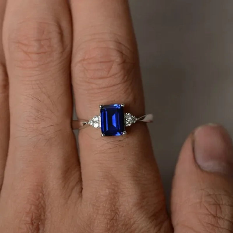 7*9mm Aquamarine/Sapphire 925 Sterling Silver Engagement Wedding Ring for Women Girl Size 6-10