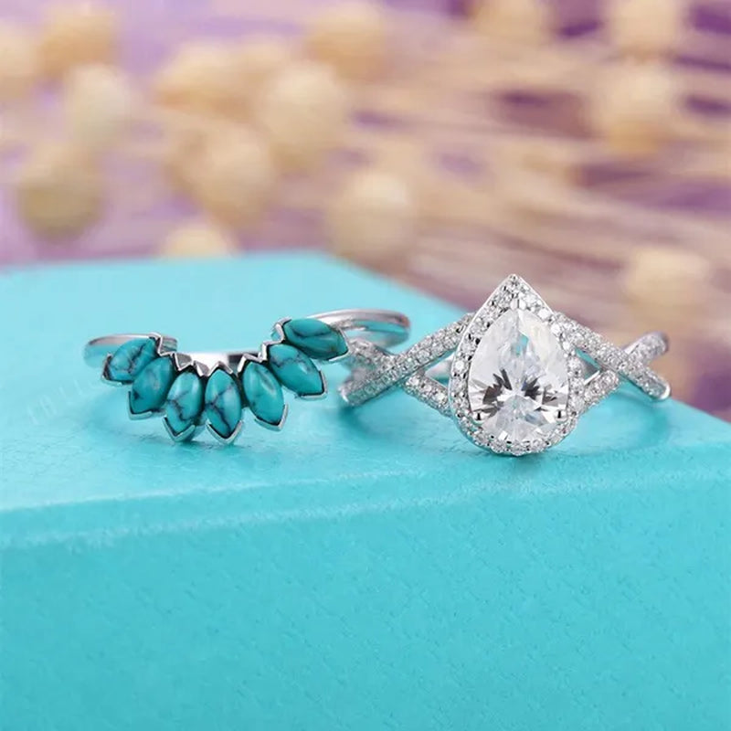 2 Pcs/Set Gifts Handmade Luxury Exquisite Ring Fashion Jewelry Europe and America Noble Elegant Woman Ring Set Natural White Sapphire Zircon Diamond Turquoise Ring Anniversary Party Engagement Bride Princess Wedding Jewelry Christmas Gift Ring Size US4-11