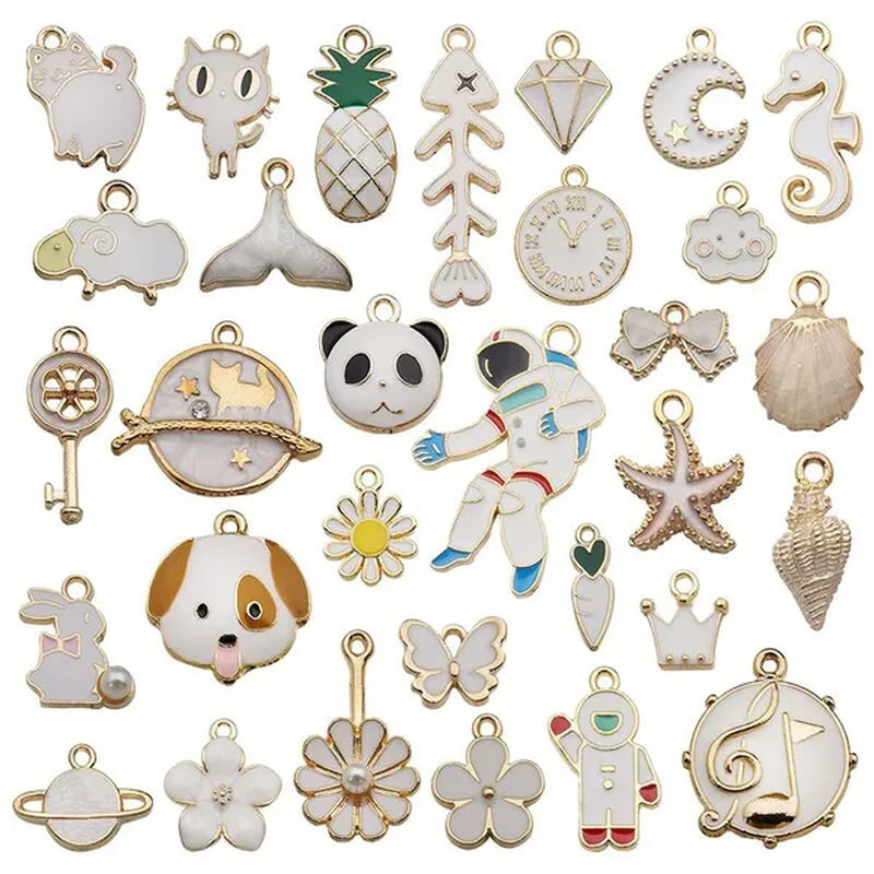 30Pcs Mixed Pattern Pink Drop Oil Fish Flower Horse Enamel Charm DIY Jewelry Bracelet Necklace Pendant Gold Tone Float Finding