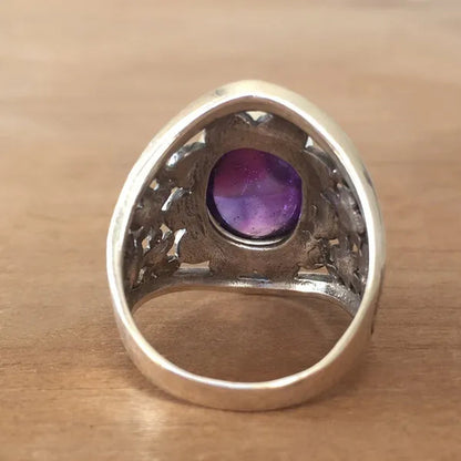 Exquisite Woman Fashion Vintage Wide Edge Engraved Flower Ring  Amethyst  Ring Engagement Party Bride Wedding High Jewelry Christmas Valentine's Day Gift Ring Size US4-12