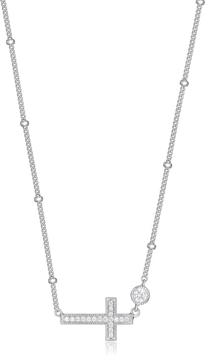 Sideways Cross Necklace for Women - Demi Fine Cubic Zirconia Pendant, 925 Sterling Silver Choker, Teens, Dainty Faith Jewelry, 12 to 16 Inch with Extender