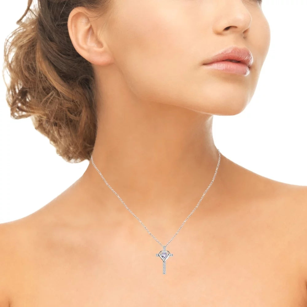 Sterling Silver Amethyst and White Topaz Heart Cross Birthstone Pendant Necklace