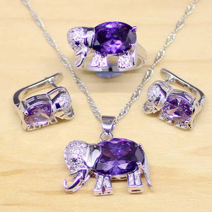 Elephant Shaped Purple Amethyst White Topaz 925 Sterling Silver Jewelry Sets Women Earrings/Pendant/Necklace/Rings
