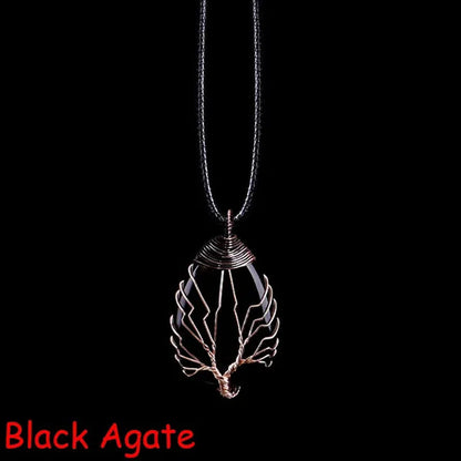 Vintage Natural Gemtone Crystal Amethyst Rose Quartz Tiger Eye Stone Water Drop Tree of Life Pendant Necklace for Women Men Jewelry