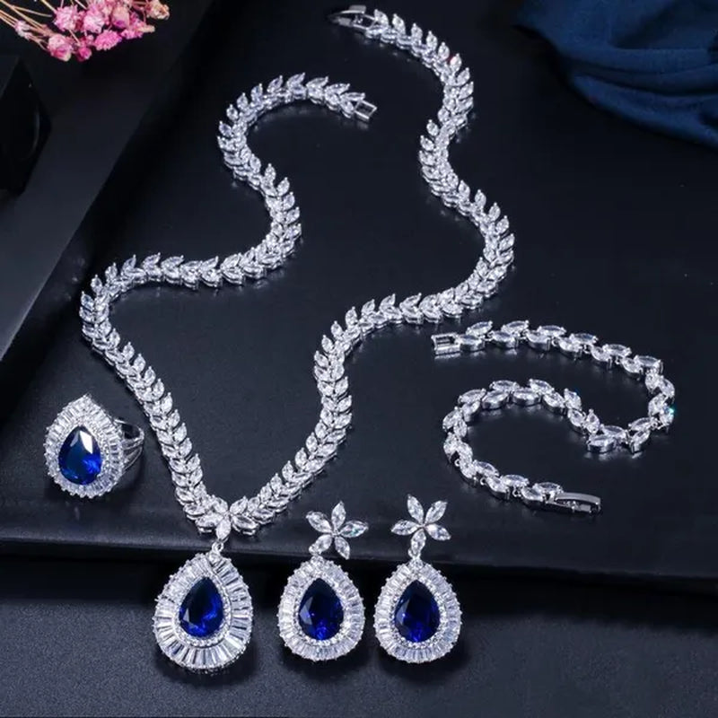 CANDICE Luxurious CZ Wedding 4 Pcs Set for Bridal Sparkling Water Drop Blue Zirconia White Gold Plated Necklace Earrings Bracelet Ring Sets