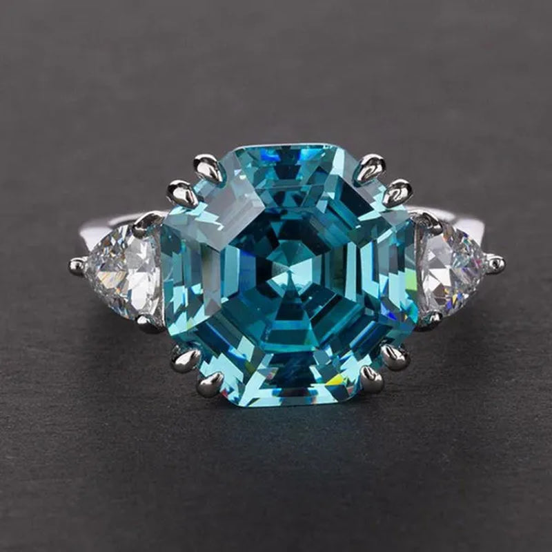 2022 New Style Octagon Cut Sea Blue Sapphire Side Stone Lab Diamond Silver Plated Gemstone Rings for Women Aquamarine Ring