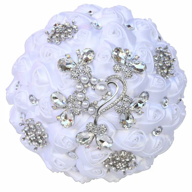 18CM Butterfly Love Diamond Brooch Bridal Bouquet Ribbon Silk Rose Wedding Simulation Flower Bouquet Handmade Bridesmaid Holding Flowers