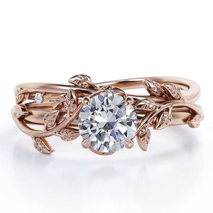 Half Carat round Real Diamond Bridal Set - Leaf and Vine Diamond Wedding Ring Set - 10K Rose Gold