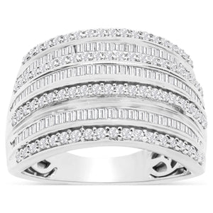 1 Carat Baguette and round Colorless Diamond Band Ring in Sterling Silver for Women