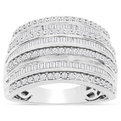 1 Carat Baguette and round Colorless Diamond Band Ring in Sterling Silver for Women