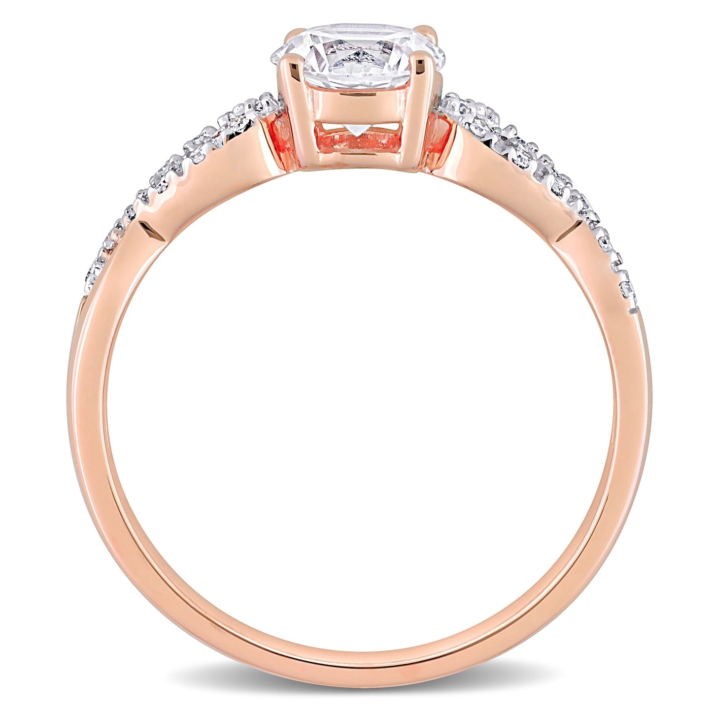 Women'S Engagement Anniversary Bridal 1 CT Round-Cut Created White Sapphire 1/10 CT Diamond 10Kt Rose Gold Solitaire Ring with Infinity Band with 4/Claw/Shared Prong Setting (G-H, I1-I2)